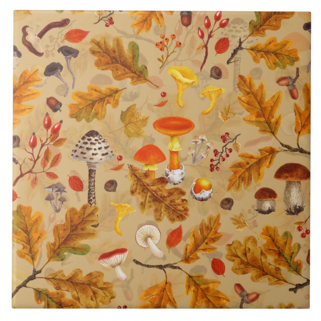 Cogumelos florestais e flora do outono em ocre (Frente)