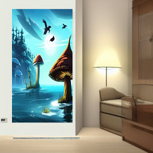 Cogumelos, mar e céu azul   AI Art Poster