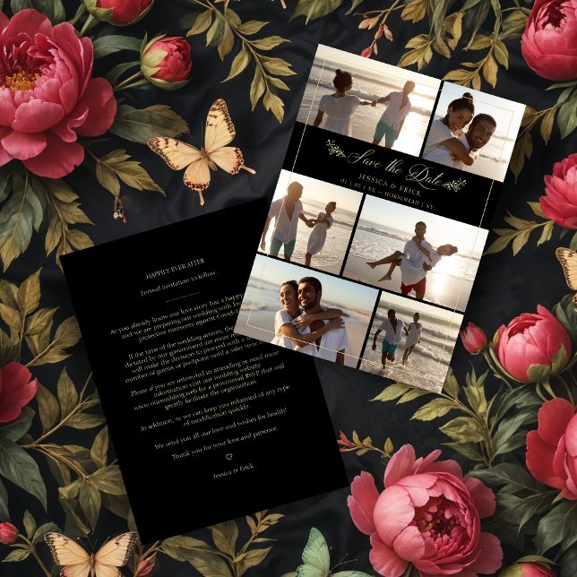 Colagem Chic 6 Fotografias Douradas Negra Casament (Chic Black Gold Branches Chic Collage 6 Photos Wedding Save the Dates Cards.)