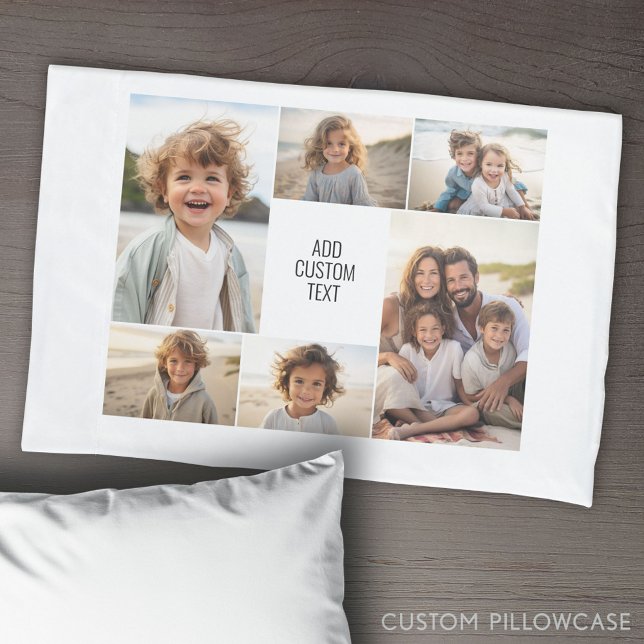 Colagem de 6 fotos - fundo branco - texto preto (Create Your Own Photo Collage Pillowcase)