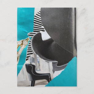 Colagem de cartão postal de piano e cadeira azul p