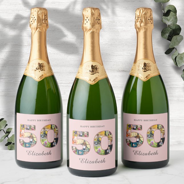 Colagem de Fotografias com 50 Festas de aniversári (Blush dusty pink sparkling wine labels with photo collage. )