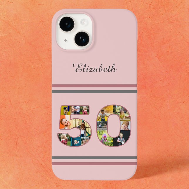Colagem de Fotografias com 50 Festas de aniversári (50th birthday iPhone 14 dusty blush pink case with personalized photo template.)