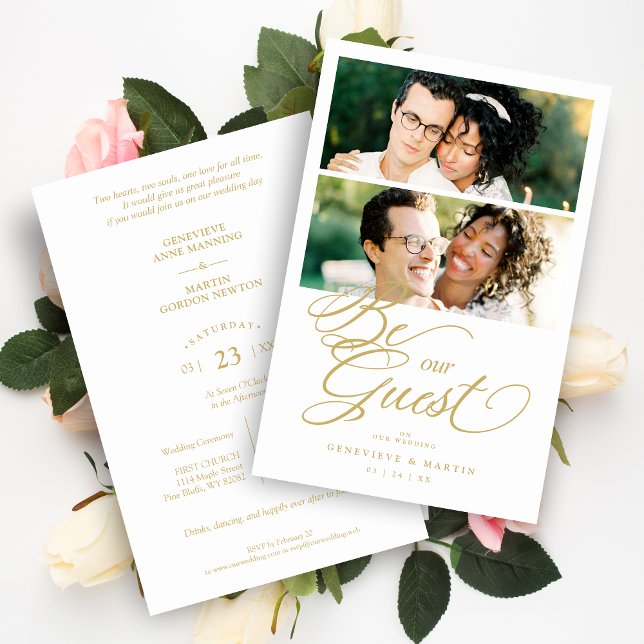 Colagem de Fotografias Legal no Orçamento Snazzy F (Cheap Inexpensive Cool Snazzy Fake Golden 2 Photos Collage Wedding Invitation Card with Envelope.)