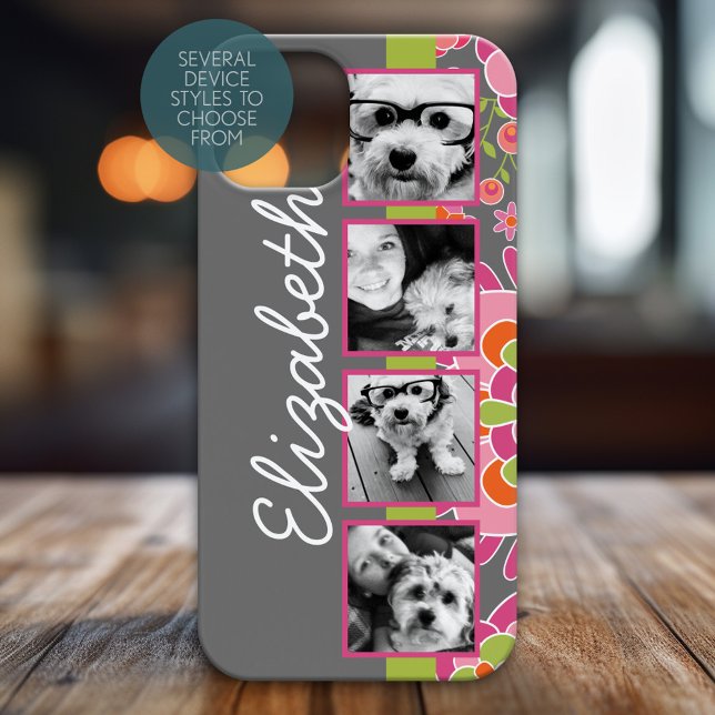 Colagem de Fotografias Rosa Quente e Flores Laranj (Personalized Phone Case)