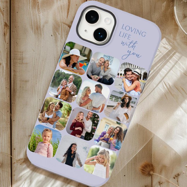 Colagem de Fotos 12 Picture Grid Amando a Vida com (Purple iphone case with 12 picture photo collage by Darling & May)