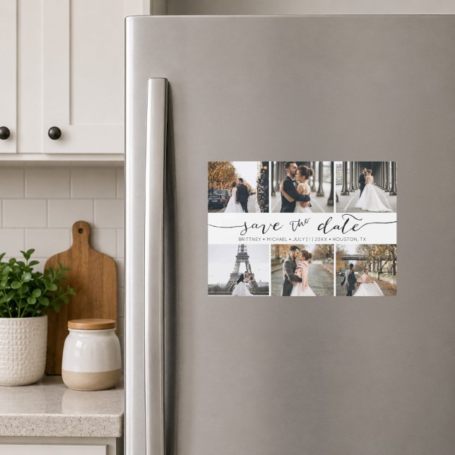 Colagem de Fotos à Mão para Salvar a Data (Elegant white six photo save the date magnet featuring romantic handwritten script typography )