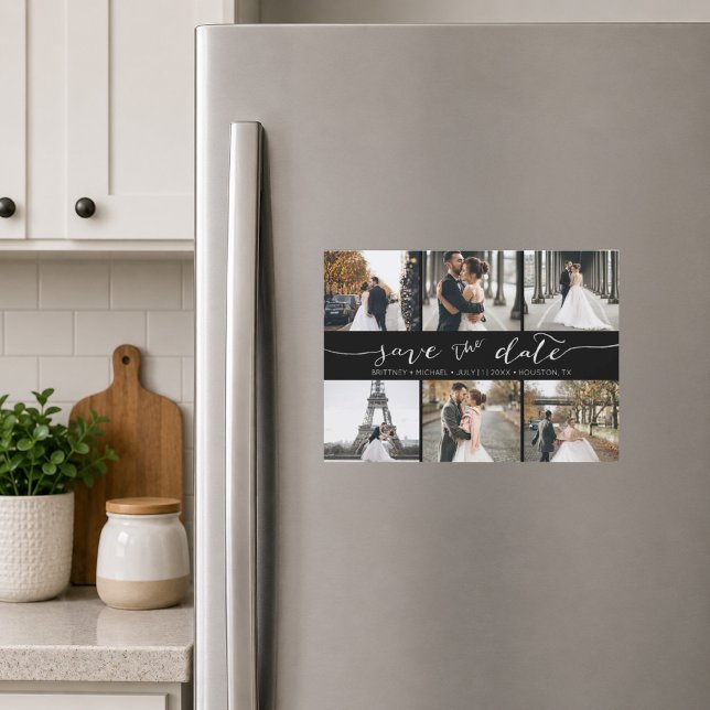 Colagem de Fotos à Mão Salve a Data Preto (Chic black six photo save the date magnet featuring elegant handwritten script typography )