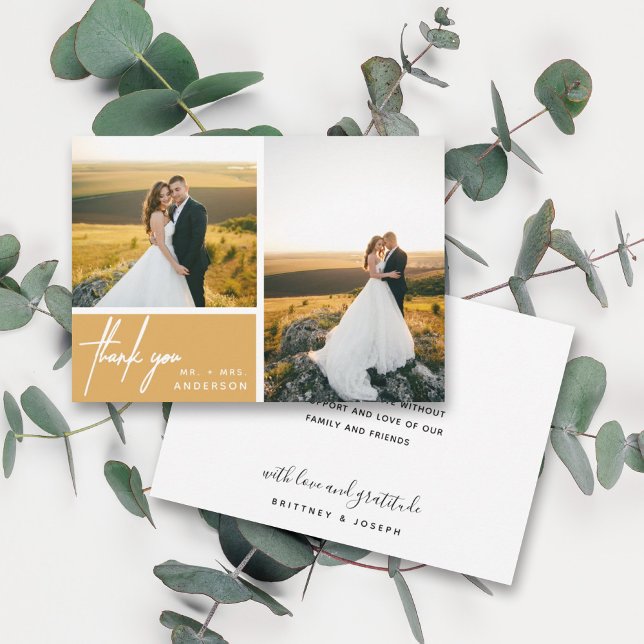 Colagem de Fotos Amarela Moderna da Mostarda Obrig (Two photo hand lettered thank you wedding card with a minimalistic design perfect for any couple.)