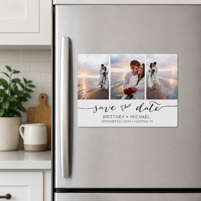 Colagem de Fotos com Letra Manual Salve a Data (Modern three photo collage save the date magnet featuring elegant handwritten script typography)