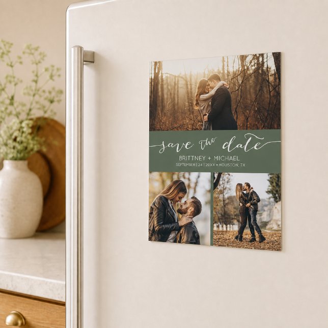 Colagem de Fotos Dark Sage Simples Salve o Dia (Announce your wedding with this custom photo collage save the date design. )