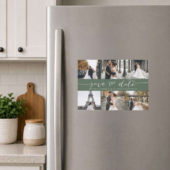 Colagem de Fotos em Verde Escuro Save the Date (Elegant dark sage green six photo save the date magnet featuring modern handwritten script)