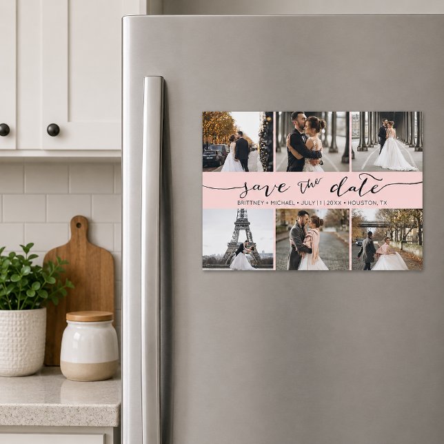 Colagem de Fotos Modernas Rosa Salvar a Data (Romantic blush pink six photo save the date magnet featuring elegant handwritten script typography)