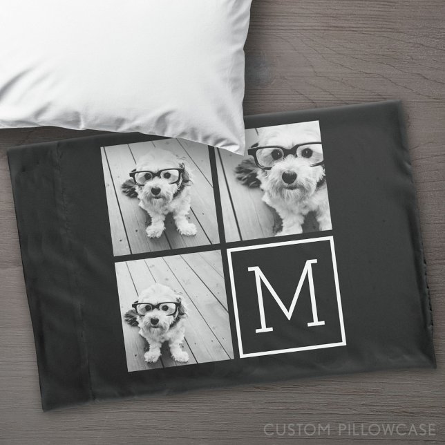Colagem de Fotos Preta e Branca com Monograma (Custom Pillowcase)