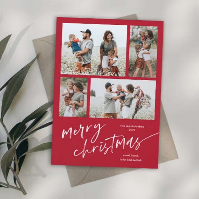 Colagem de Fotos Simples Script Feliz Magnet De Na (Simple red and white modern merry christmas script photo holiday magnetic card.)