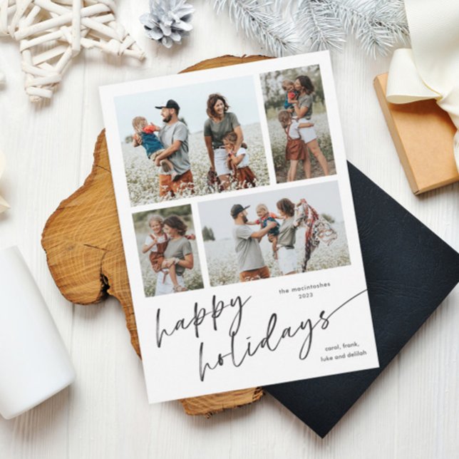Colagem de Fotos Simples Script Feliz Natal Ímã (Simple black and white script happy holidays 4 photo collage holiday magnetic card.)