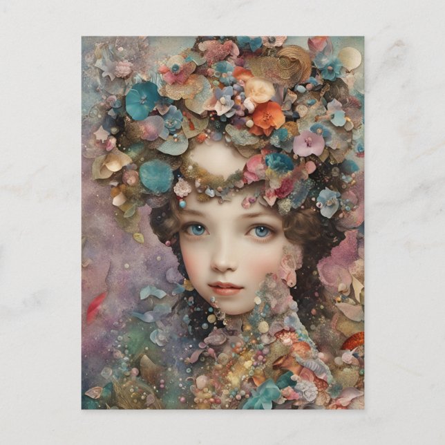 Colagem de Mulher e Flores em Cartão Postal (Frente)