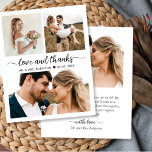 Colagem de Orçamento Amor e Obrigados Casamento Ob<br><div class="desc">Orçamento, Amor Moderno, Elegante e Obrigados Script 3 Foto Colagem Casamento Obrigado barato personalizado cartão fino de baixo orçamento. modelo de obrigado de na moda com 3 fotos na frente e 1 foto no verso. ***POR FAVOR, NOTE! *** O PAPEL ORÇAMENTAL/FLYER É MAIS FINO DO PAPEL. *** ATUALIZE O PAPEL...</div>