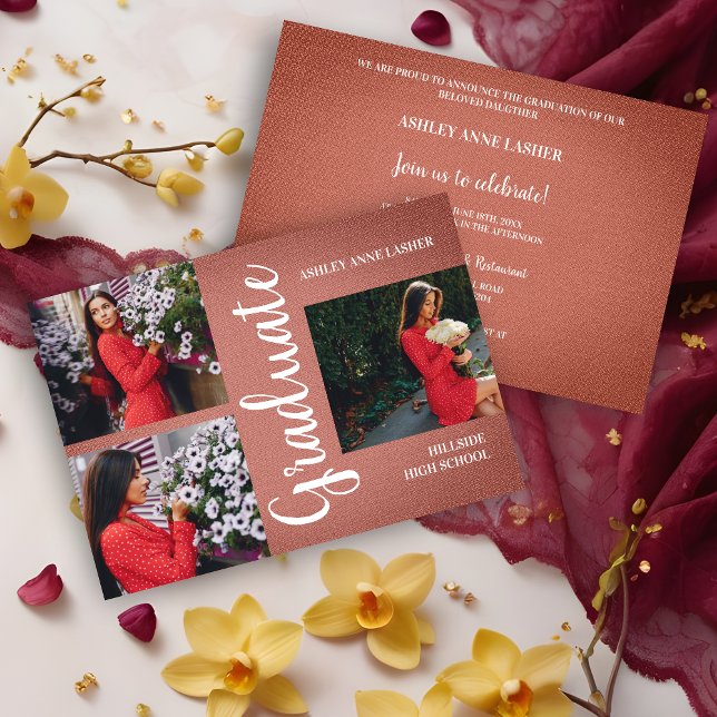 Colagem Marrom Três Fotos: Textura de Graduação (Reddish-Brown Natural Fabric Collage 3 Multi Photos Grad Graduation Invitation. )