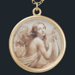 COLAR BANHADO A OURO ANGEL JOGANDO LYRA SOBRE AS NUVENS<br><div class="desc">Pintura de aquarela artística e clássica em cores típicas,  antigas e brancas,  da séc. XVIII,  pintura italiana de belas artes</div>