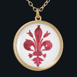 COLAR BANHADO A OURO ANTIGO VERMELHO FLEUR DE LIS EM BRANCO FLORAL HERÁ<br><div class="desc">Antiguidade vintagem heráldica de lírios vermelhos florentina</div>