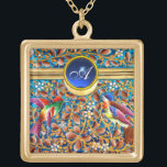 COLAR BANHADO A OURO AVES COLORIDAS E PADRÕES FLORAIS MONOGRAMAS GEM AZ<br><div class="desc">Flores de primavera vibrantes e coloridas e pequenas colírios em ouro e azul. Elegante,  artístico,  antigo inspirado na design,  Art Nouveau Boêmia,  gravado em azul-turquesa,  vermelho,  vermelho-amarelo-ouro,  violeta,  cores brancas com gemstone de safira azul 3D.. Design gráfico digital 3D Modelagem de Lumini Búlgaro (c)</div>
