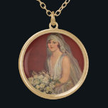 Colar Banhado A Ouro Casamento vintage, Retrato de Noiva Vitoriana<br><div class="desc">Ilustração de vintage,  imagem de casamento de amor e romance apresentando uma noiva em seu vestido de noiva e véu segurando seu buquê de casamento de flores brancas sentadas para um retrato.</div>