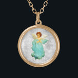 Colar Banhado A Ouro *~* Clássico Vintage AP40 Angel Red Head Turquoise<br><div class="desc">(ID de pesquisa AP40 para designs semelhantes) Transferir para outros produtos, se desejar. Vintage ROUND Dourada design com doce arte clássica de uma jovem fêmea RED HEAD ANGEL em TURQUOISE CLOTHING . * Vintage romântica melhorada ergicamente Retro Antro Antique ANGEL faux Glitter diamond pave Background. ANGEL DE CABEÇA VERMELHA vestindo...</div>