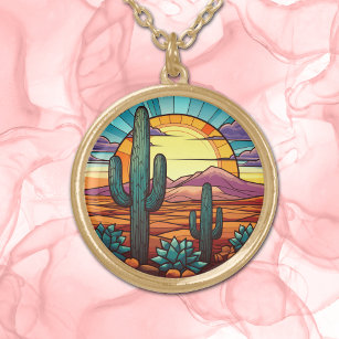 Colar Banhado A Ouro Desert Cactus Sunset Glass