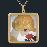 COLAR BANHADO A OURO LADY COM ROSA VERMELHA<br><div class="desc">Vibrante,  ilustração de alta moda da Deco de Arte Francesa. Retrato de uma linda jovem vestindo um chapéu ouro com cor de flor,  branca preta,  amarela,  cinza. Legal,  moderno e design artístico.</div>