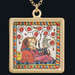 COLAR BANHADO A OURO PARCHE DE DIA DE OS NAMORADOS DE AMOR ETERNO<br><div class="desc">Arte fina antiga e expressiva colorida. Miniatura alemã heráldica medieval de 1200 amantes românticos num jardim floral com um pássaro branco, misturada com efeitos pergaminhos castanhos velhos. Fácil de personalizar como cerimônia de casamento, cartão de anúncio nupcial, cartões de lugar, guardar a data, cartões de agradecimentos, chás românticos, chás de...</div>
