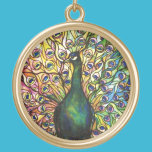 Colar Banhado A Ouro Peacock De Vidro Estampado<br><div class="desc">Pavão de vidro manchado com vindima</div>