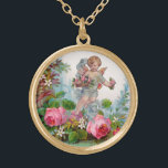 COLAR BANHADO A OURO ROSAS E FLORES ROMÂNTICOS DE ROLOS PARA RECOLHA DE<br><div class="desc">Elegante roseiras cor-de-rosa com cupido,  design de estilo vintage para gráficos digitais de Natal e Dia de os namorados e design por Búlgaro Lumini (c)</div>