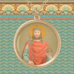 Colar Banhado A Ouro Rua. Henry II, Imperador (BBS 10) Ronda<br><div class="desc">Nesta imagem feita no estilo Beuron da arte beneditina, Rua Henrique II (972-1024), Santo Imperador Romano, veste a regalia Imperial — uma coroa, um manto vermelho de vermilhar sobre uma túnica, e carregar um cetro e orbo simbólico de seu poder temporal. Sua coroa, a Reichskrone, ou Coroa Imperial do Santo...</div>