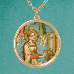 Colar Banhado A Ouro Rua NeoGótica. Cecília de Roma (detalhes; BNG 02)<br><div class="desc">Neste detalhe, de uma esplêndida impressão de devoção suíça NeoGótica, a Rua Cecilia de Roma (século 3) é representada tocando um órgão de canos eretos contra um fundo aqua com um padrão de dourados e estrelas. Seu cabelo longo de queimadura se solta e cai sobre os ombros e as costas...</div>