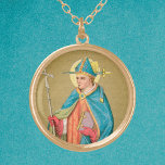 Colar Banhado A Ouro Rua. Thomas Becket com Espada em Miter (P 005)<br><div class="desc">Neste retrato de comprimento de cheio de uma impressão devocional do final do século 19, a Rua Thomas Becket é retratado como verdadeiro ao seu tipo primitivo: Ele é retratado em seu primo: alto, fino e brilhante. Ele segura sua cruz arquiepiscopal na mão direita e carregar um dicionário ou livro...</div>