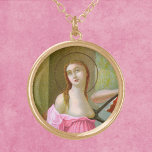 Colar Banhado A Ouro Ruas rosa. Agatha (M 003)<br><div class="desc">Rua. Agatha é invocado contra o cancer da mama. Aqui, neste detalhe de uma famosa pintura Manerista Italiana, suas roupas foram mudadas de creme e lágrima para tons de rosa. O rosa é a cor internacionalmente reconhecida simbólica da consciência do cancer da mama. Detalhe adaptado de um cromolitógrafo antigo publicado...</div>