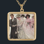 Colar Banhado A Ouro Vintage Victorian Wedemony Node and Groom<br><div class="desc">Ilustração Vintage,  amor e romance,  imagem da cerimônia de casamento vitoriana com a noiva e o noivo se casando. As recém-casadas estão ajoelhadas em um travesseiro e as damas de honra estão vestindo chapéus de rico elegantes com penas e segurando buquês de flores. Harrison Fisher,  intitulado O Casamento.</div>