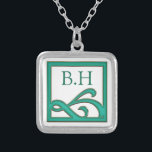 Colar Banhado A Prata Art Deco Abstrato Teal Square Monograma<br><div class="desc">Design ornamentado de folha de  de decoração de arte minimalista.</div>