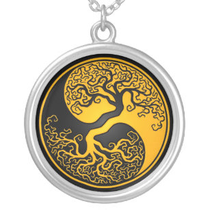 Colar Banhado A Prata Árvore de vida amarela e preta Yin Yang