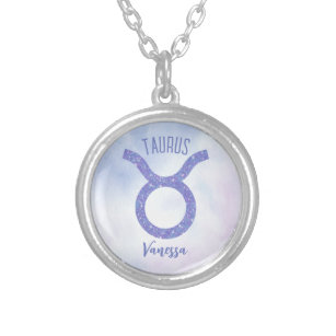 Colar Banhado A Prata Bonito símbolo de astrologia Taurus, roxo personal