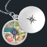 Colar Banhado A Prata Colagem de Fotografias do Monograma do marinho<br><div class="desc">Colar personalizado com monograma personalizado e colagem quadrada de 4 fotos ao redor do seu monograma ou outro texto personalizado em um quadro de diamante. Clique em Personalizar para alterar texto, fontes e cores para criar um design exclusivo. Um presente perfeito para a família, amigos, casais, pais e avós recém-casados!...</div>