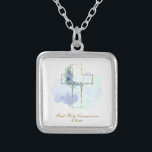 Colar Banhado A Prata *~* Confirmação Floral AP35 Communion Christian<br><div class="desc">(( ID de pesquisa AP35 para designs semelhantes )) SIMPLES Design. BUQUÊ floral AZUL em FORMA QUADRADA DE crucifixo / crucifixo O fundo é BRANCO. A fonte do texto é um script de caligrafia rico, elegante e sofisticado. O design é muito SIMPLES e MÍNIMO. Católico religioso católico abençoou Cross design...</div>