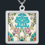 Colar Banhado A Prata Damask Floral Patternos Plum Turquoise<br><div class="desc">Os padrões florais turquesas,  ameixas,  verdes e roxos encontram-se num fundo branco para dar vida a esta impressão Erica Vess de junho. Funciona como presente para si mesmo,  um amigo ou um membro da família.</div>