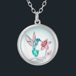 Colar Banhado A Prata Doce Hummingbird e Impressão de Arte Cristal Flor<br><div class="desc">Beija-flor e design de flor elegantes.</div>