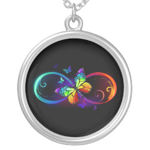 Colar Banhado A Prata Infinidade vibrante com borboleta arco-íris a pret