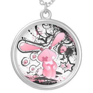 Colar Banhado A Prata Kawaii emo Pink Bunny Necklace