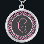 Colar Banhado A Prata Letra Rico de Impressão Zebra Rosa C<br><div class="desc">Letra de script A em cor-de-rosa em um plano de fundo de impressão zebra preto-e-rosa.</div>