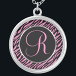 Colar Banhado A Prata Letra Rico de Impressão Zebra Rosa R<br><div class="desc">Letra de script R em cor-de-rosa em um plano de fundo de impressão zebra preto-e-rosa.</div>