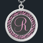 Colar Banhado A Prata Letra Rico de Impressão Zebra Rosa R<br><div class="desc">Letra de script R em cor-de-rosa em um plano de fundo de impressão zebra preto-e-rosa.</div>